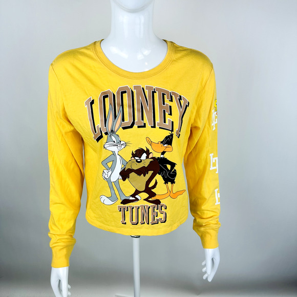 New Looney Toons Junior Sz Small T Shirt Yellow Bunny Duck Long Sleeve Crop NWT - Picture 2 of 6